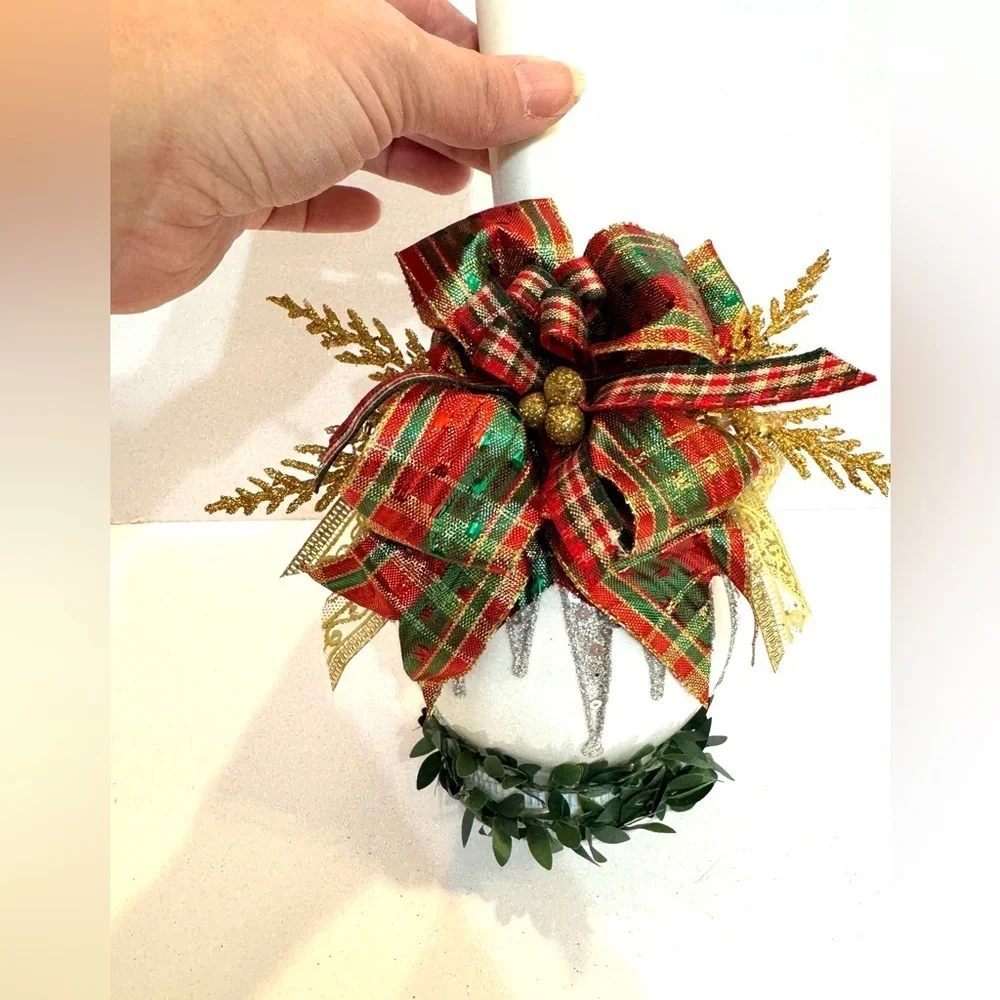 New OOAK Red and Green Plaid Bow Candle Christmas Bulb Holiday Decor